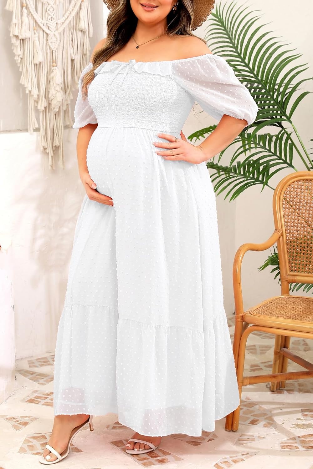 Plus Size Summer Dresses – Swiss Dot Smocked Square Neck Puff Sleeve Boho Maternity Maxi Dress for Baby Shower Wedding Guest(White)