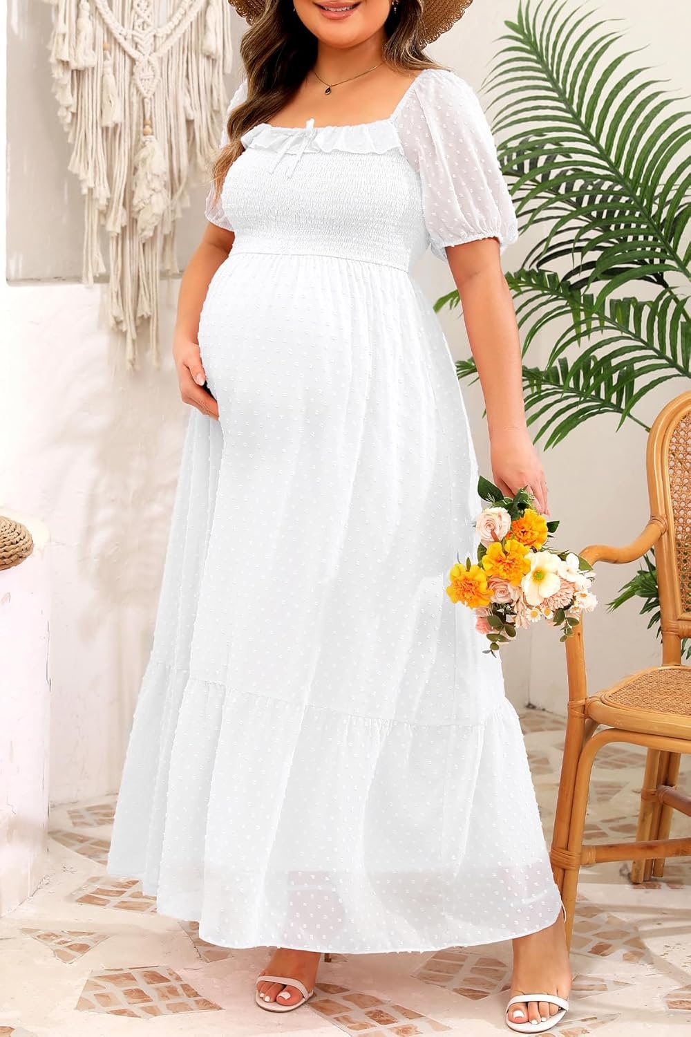 Plus Size Summer Dresses – Swiss Dot Smocked Square Neck Puff Sleeve Boho Maternity Maxi Dress for Baby Shower Wedding Guest(White)