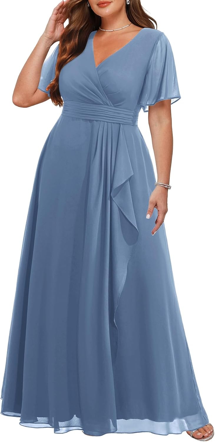 Plus Size Formal Dress Wedding Guest Chiffon V Neck Ruffle Long Dress Women | Women Plus Size Formal Evening Dress Chiffon Wedding Guest Long Dresses Short Sleeves Bridesmaid Dress Elegant Prom Gown(Grey Blue)