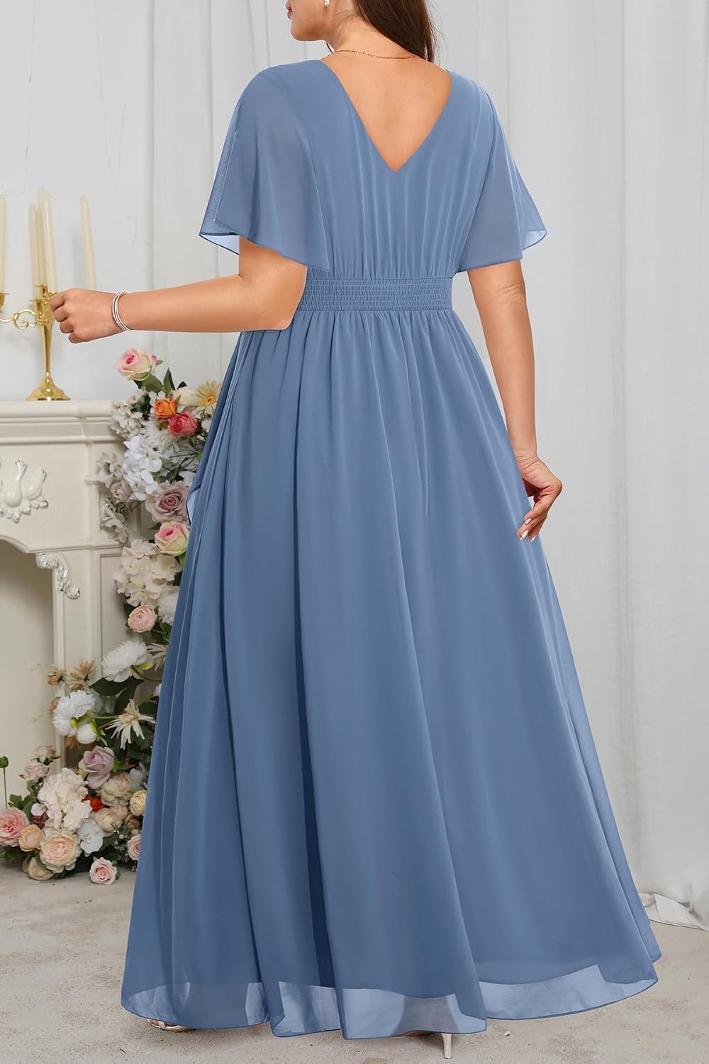 Plus Size Formal Dress Wedding Guest Chiffon V Neck Ruffle Long Dress Women | Women Plus Size Formal Evening Dress Chiffon Wedding Guest Long Dresses Short Sleeves Bridesmaid Dress Elegant Prom Gown(Grey Blue)