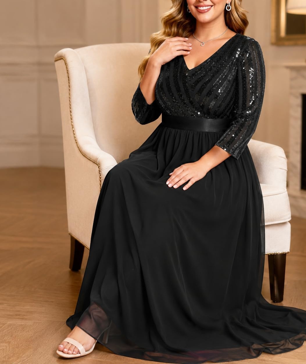 Talisea Womens Plus Size Formal Dresses – V Neck 3/4 Sleeve Sequin Prom Evening Gowns Long Maxi Dress(Black)
