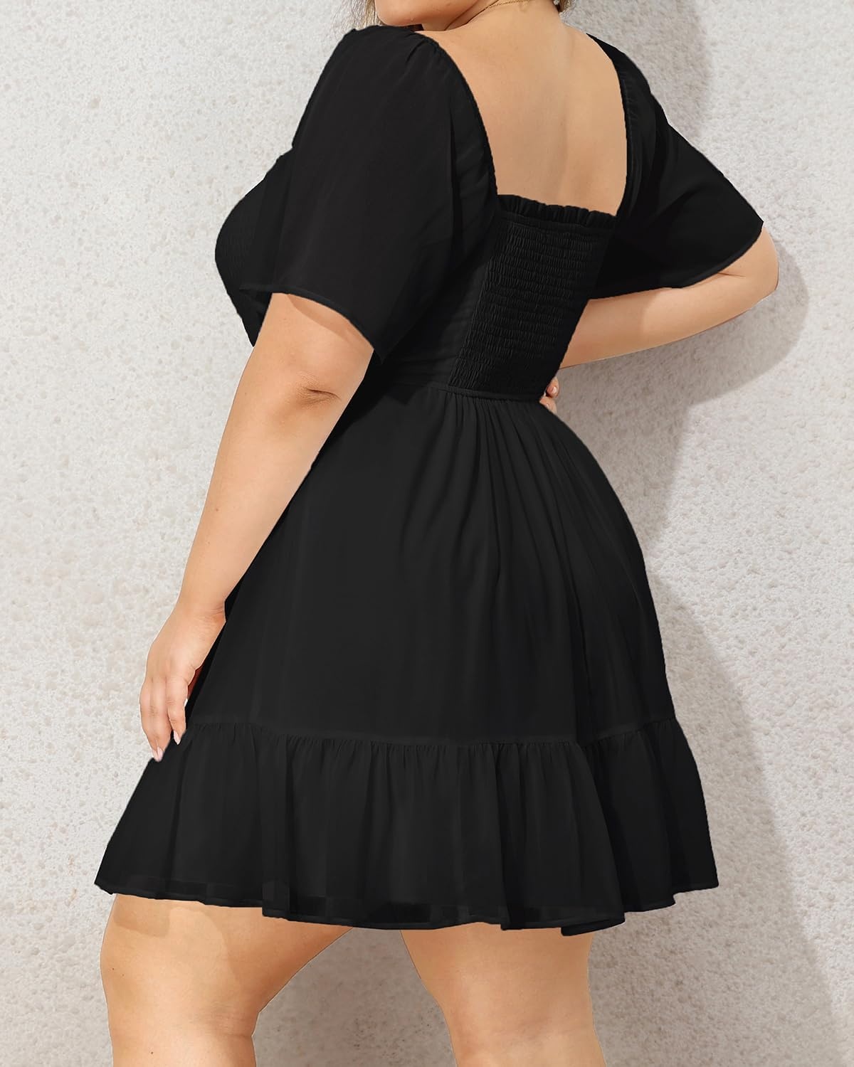 Talisea Plus Size Women’s Sweetheart Neckline Dress Smocked Short Summer Sundress Chiffon Mini Cute Graduation Dresses(Black Short Sleeve)