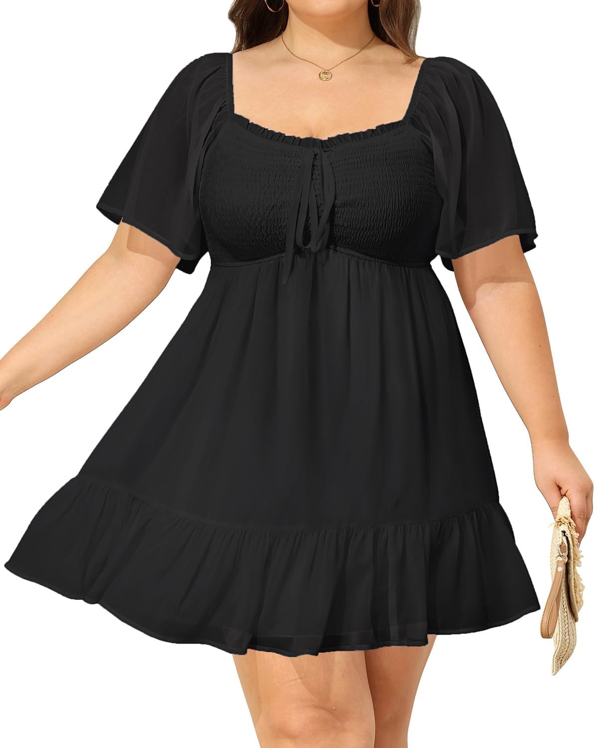 Talisea Plus Size Women’s Sweetheart Neckline Dress Smocked Short Summer Sundress Chiffon Mini Cute Graduation Dresses(Black Short Sleeve)