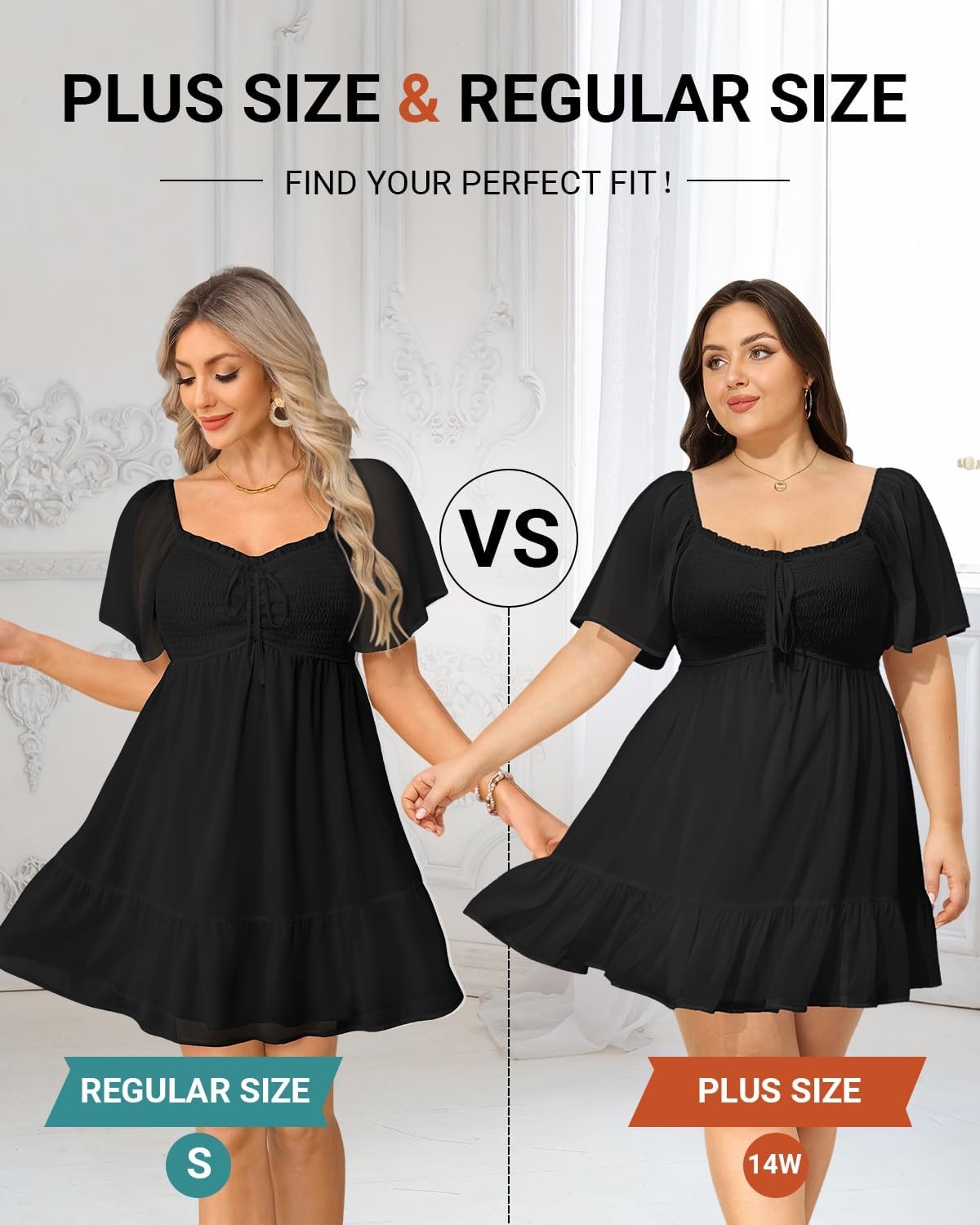 Talisea Plus Size Women’s Sweetheart Neckline Dress Smocked Short Summer Sundress Chiffon Mini Cute Graduation Dresses(Black Short Sleeve)