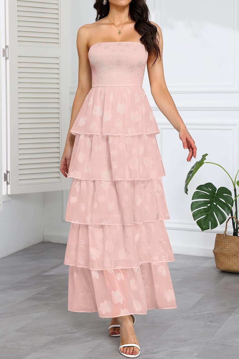 Talisea Wedding Guest Dress Jacquard Strapless Smocked Tiered Maxi Dress(Pink)
