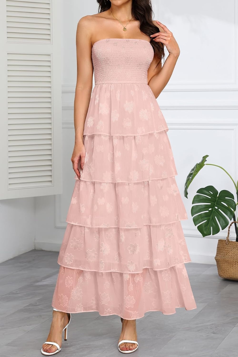 Talisea Wedding Guest Dress Jacquard Strapless Smocked Tiered Maxi Dress(Pink)