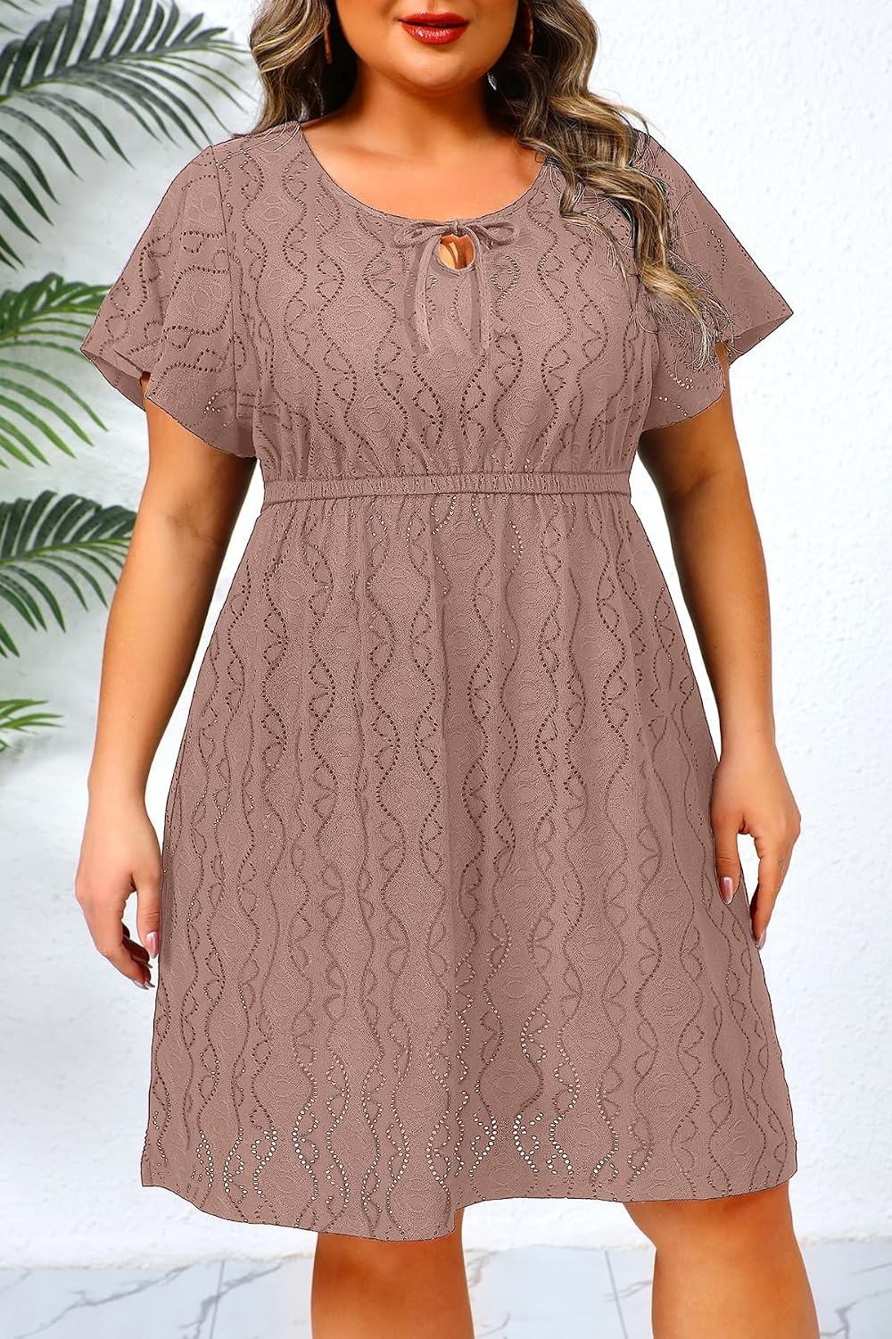 Talisea Plus Size Swimsuit Cover Up – Eyelet Casual Beach Crew Neck Short Sleeve Bathing Suit Coverup Dress for Women Summer(Gray Pink)