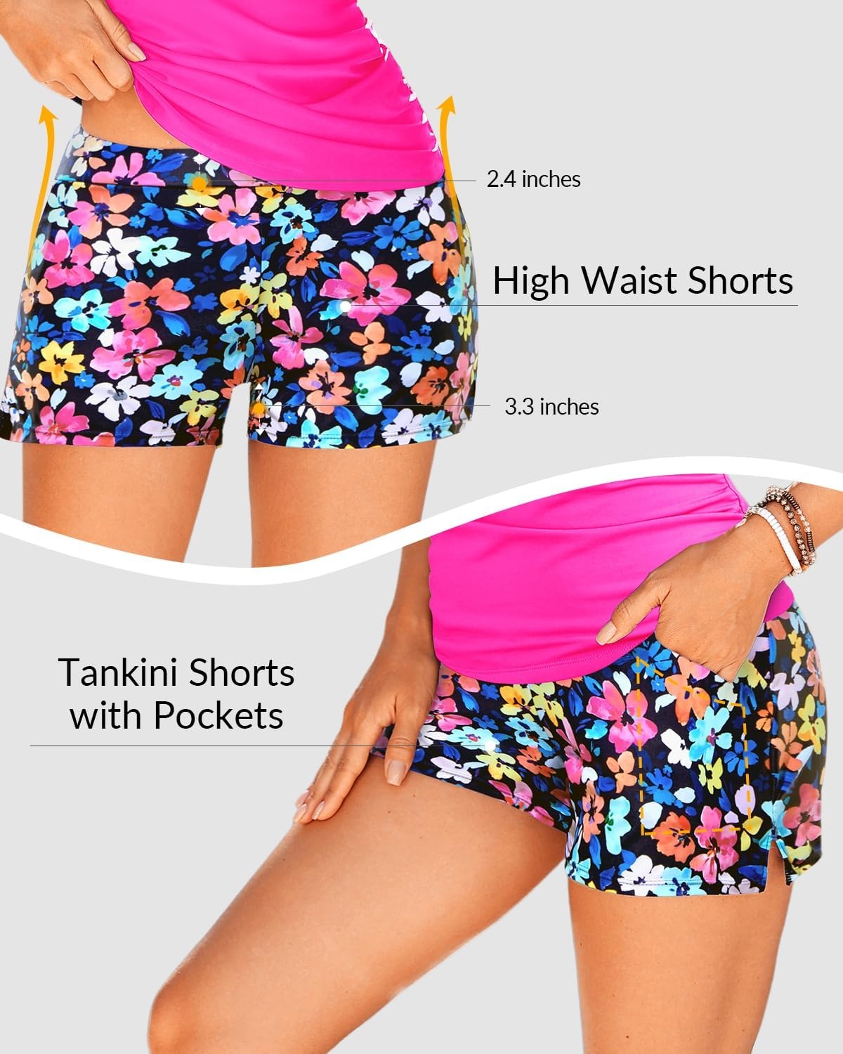 Talisea Tankini Two Piece with Shorts – Womens Tummy Control Swimsuit with Pockets Bathing Suit with V-Wire Boy Shorts(Pink Floral)