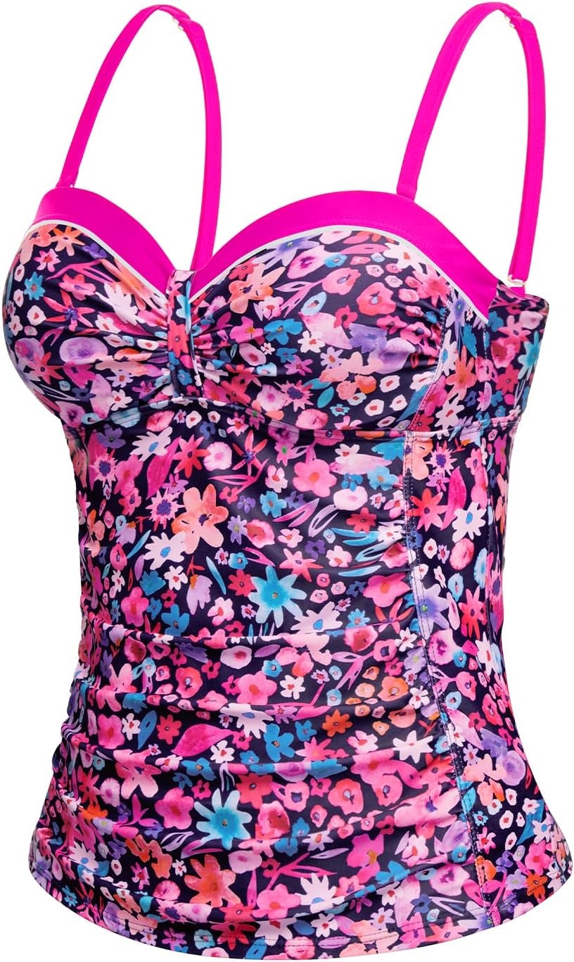 Women’s Underwire Tummy Control Swimsuit Top Push Up Bathing Suit Top(Pink Flower)