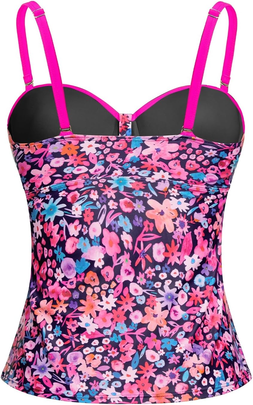 Women’s Underwire Tummy Control Swimsuit Top Push Up Bathing Suit Top(Pink Flower)