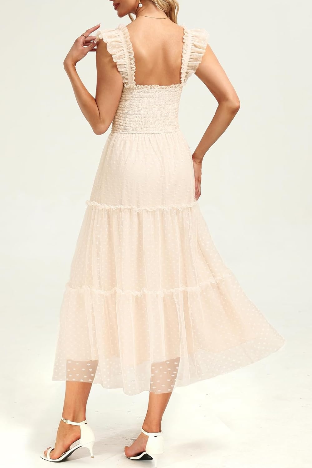 Women’s Wedding Guest Dress Dotted Tulle Smocked Summer Midi Sleeveless Ruffle Tiered Flowy Mesh Party Sundress(Beige)