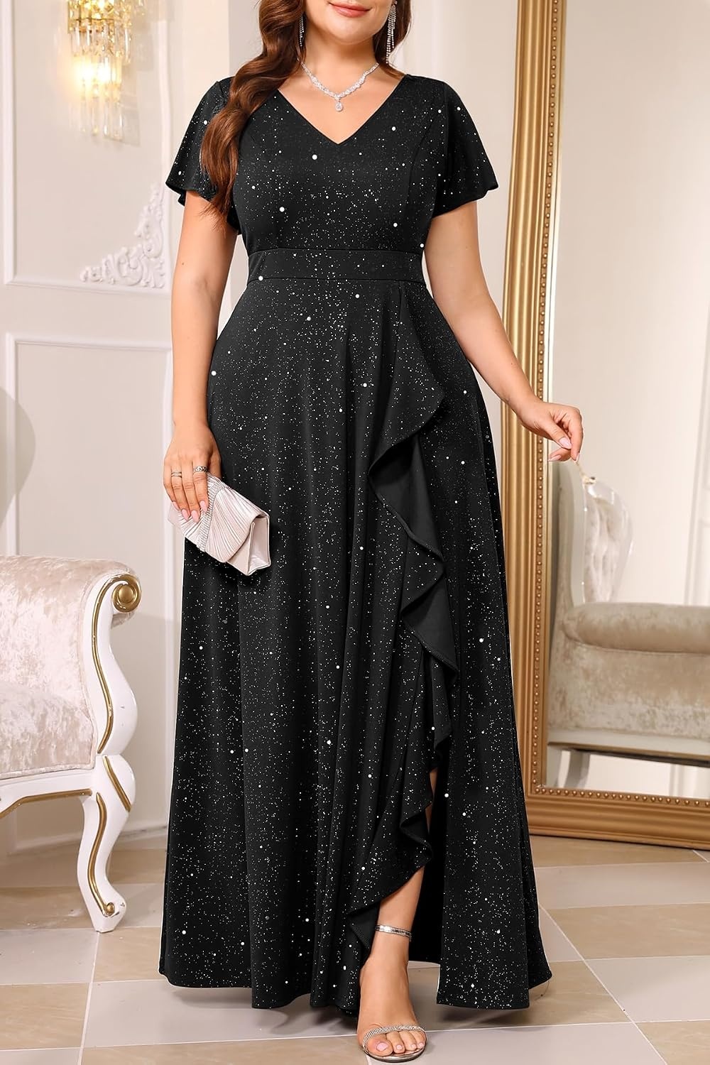 Talisea Plus Size Formal V Neck Ruffle Sleeve High Slit Evening Maxi Dress(Sparkly Black)
