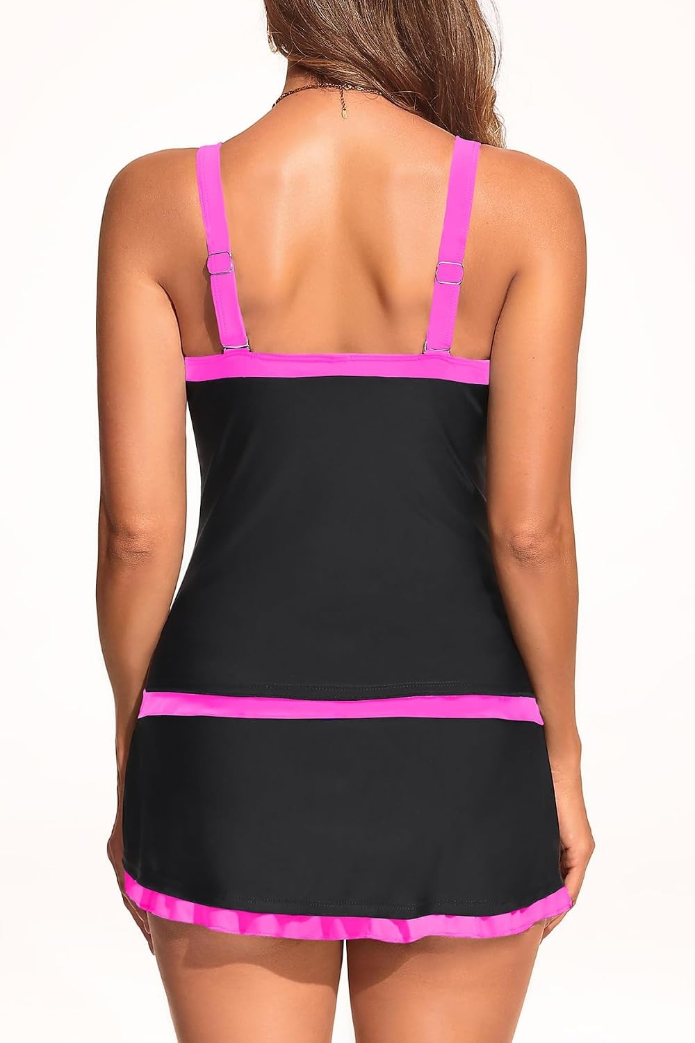 Talisea Tankini with Skirt – Tummy Control V-Wire Swimsuit with Drawstring(Black and Pink)