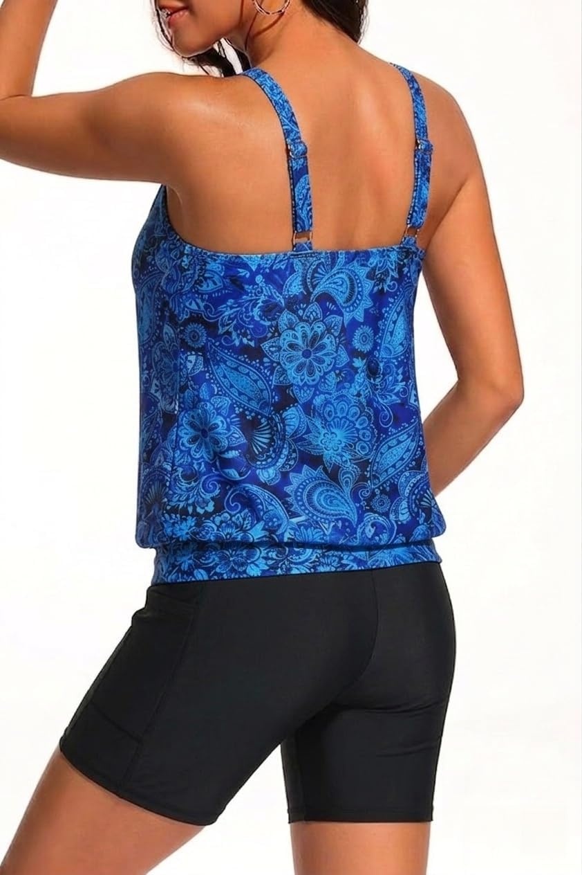 Blouson Tankini with Shorts – 7″ Boy-Leg Two Piece Swimsuit with Pockets(Blue Paisley)