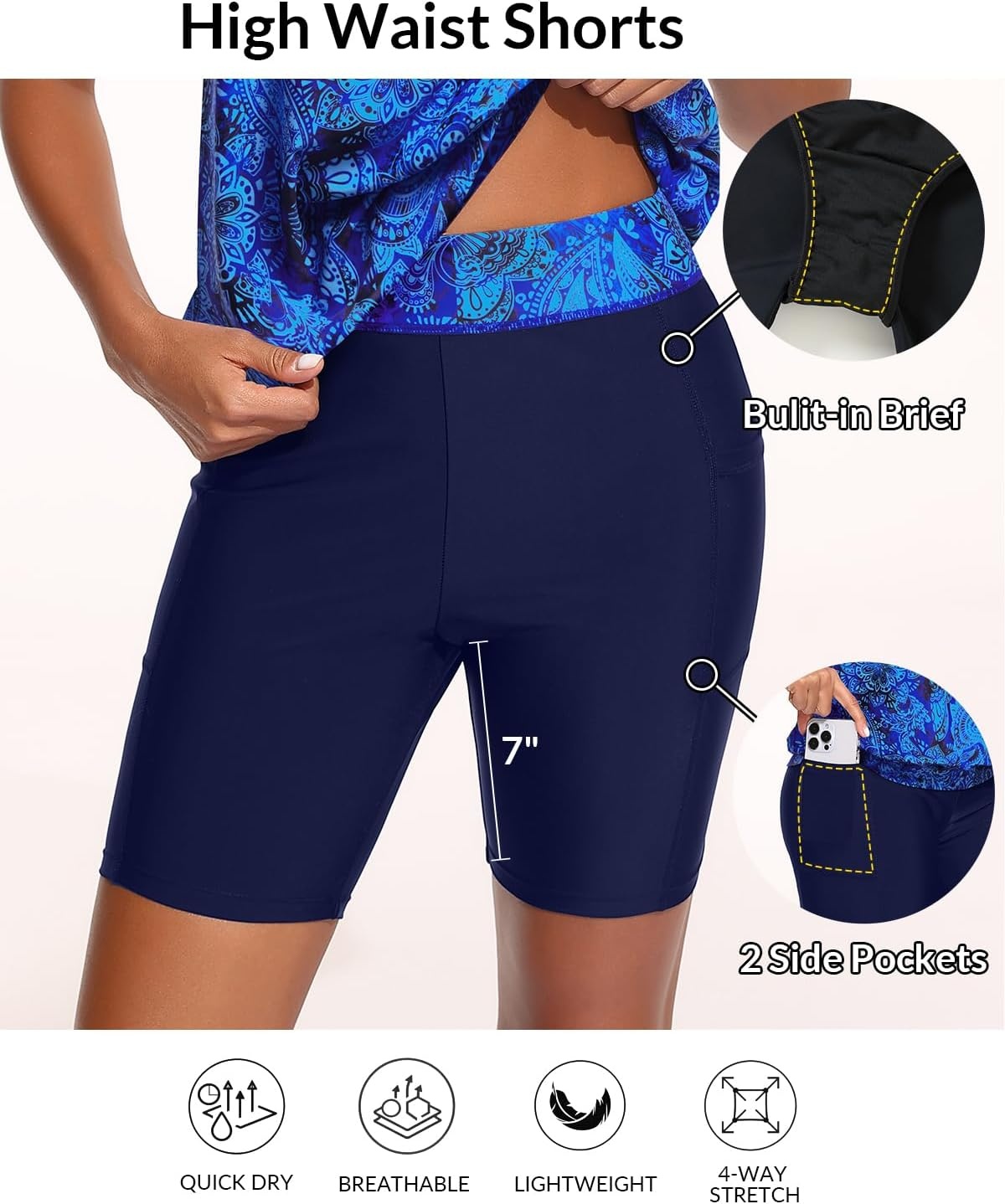 Blouson Tankini with Shorts – 7″ Boy-Leg Two Piece Swimsuit with Pockets(Blue Paisley)