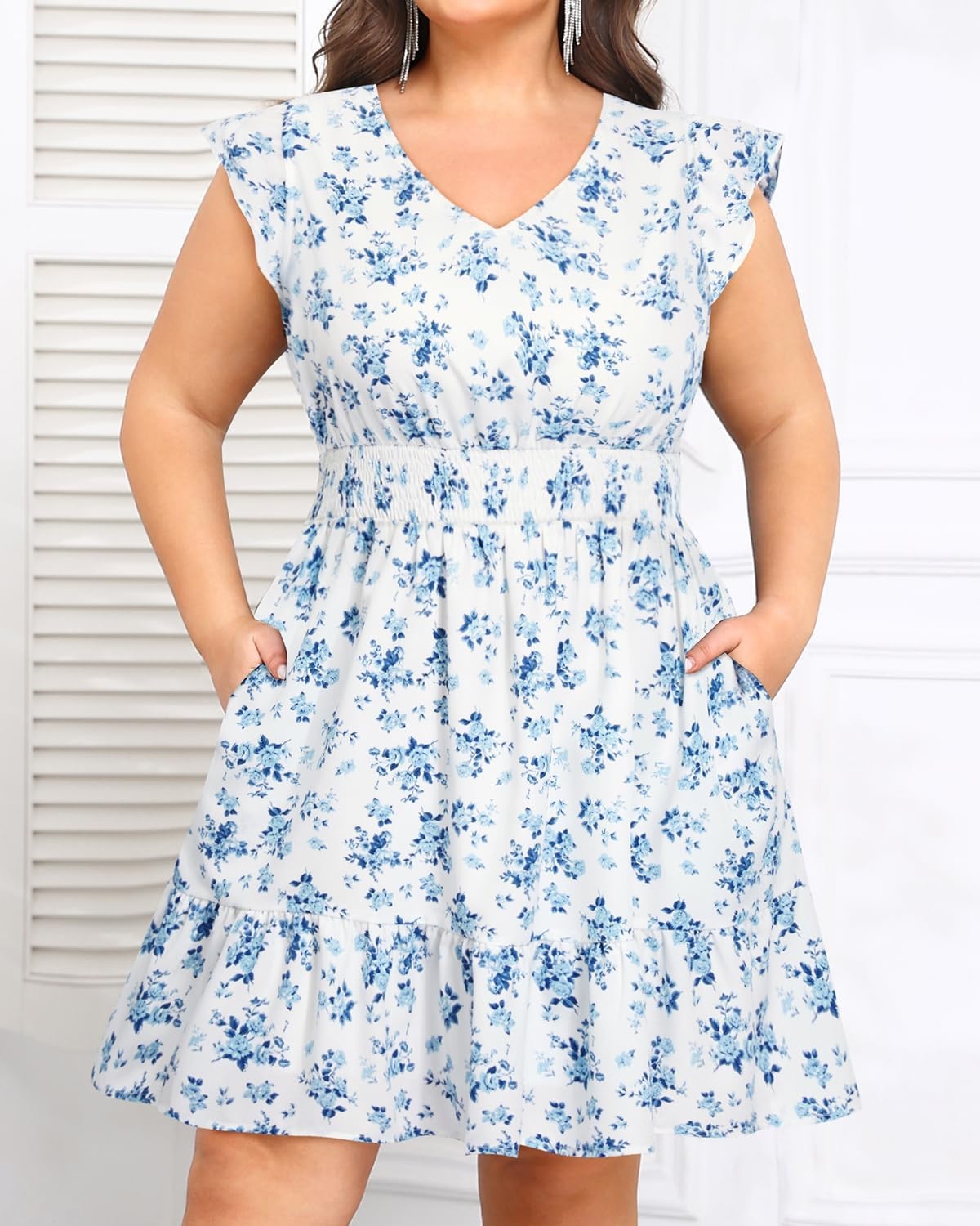 Talisea Womens Plus Size Summer Dress Blue White Floral Casual Boho V Neck Ruffle Sleeve Flow Short Sundress Pocket Beach