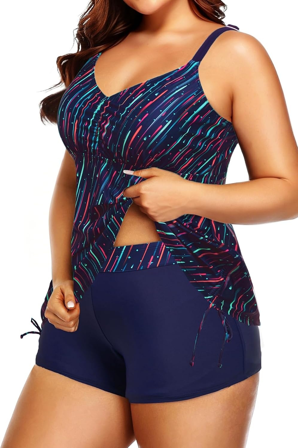 Talisea Plus Size Tankini Swimsuits for Women Two Piece Bathing Suits with Shorts Tummy Control Swimwear(Blue & Stripes)