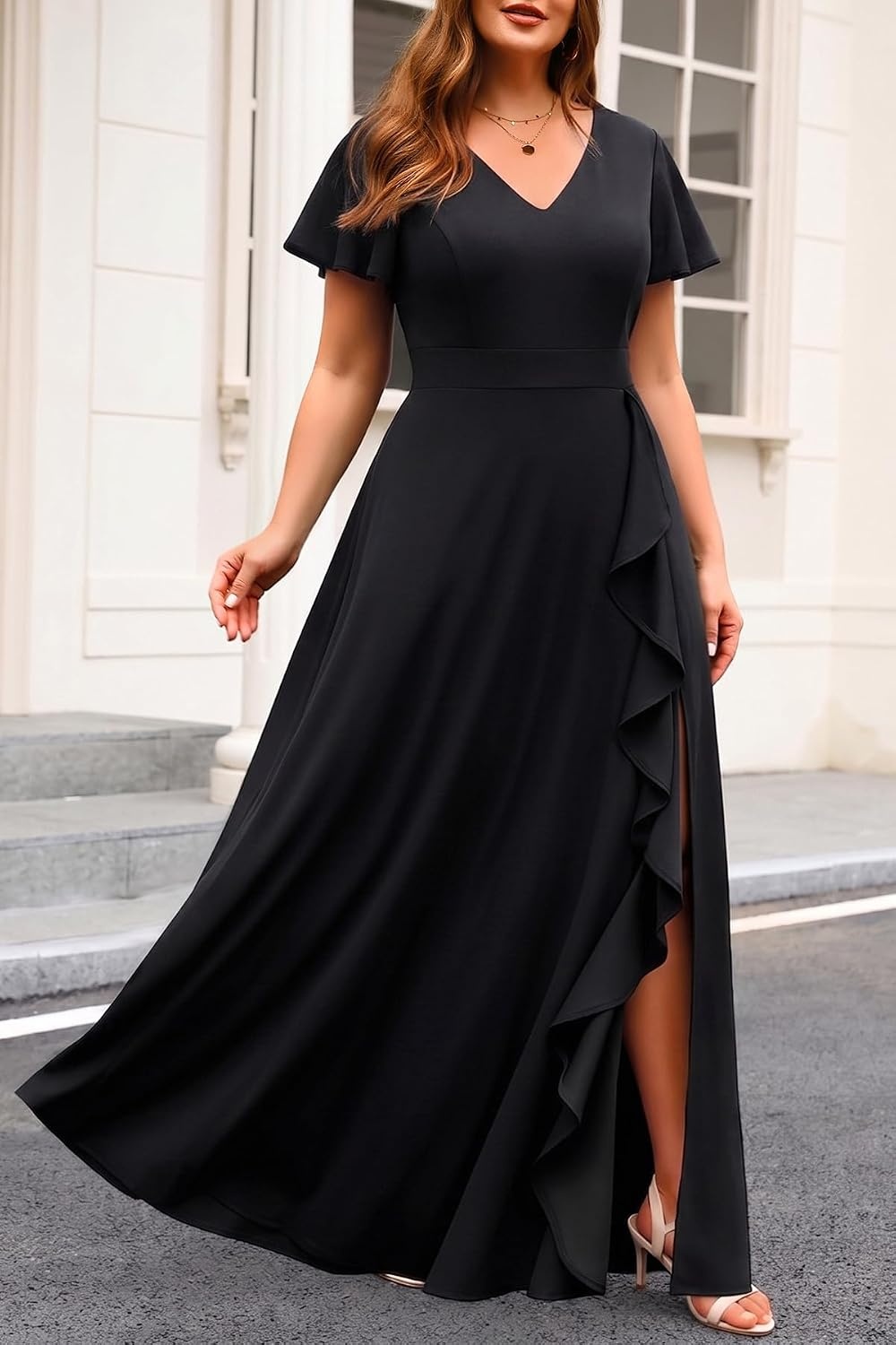 Talisea Plus Size Formal V Neck Ruffle Sleeve High Slit Evening Maxi Dress(Black)