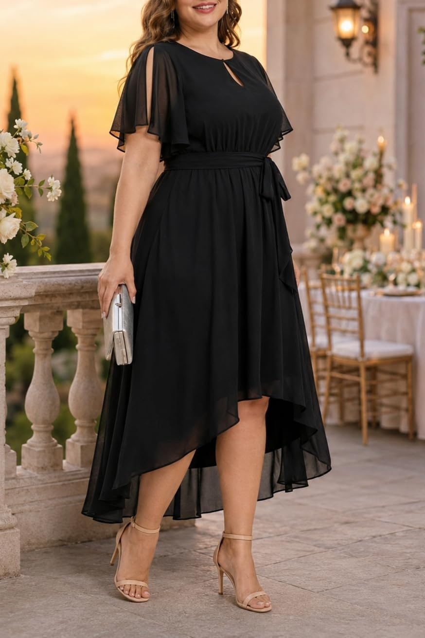 Talisea Plus Size Dresses Wedding Guest – Formal Cocktail Chiffon Keyhole Neck Short Sleeve High Low Dress Curvy Women(Black)