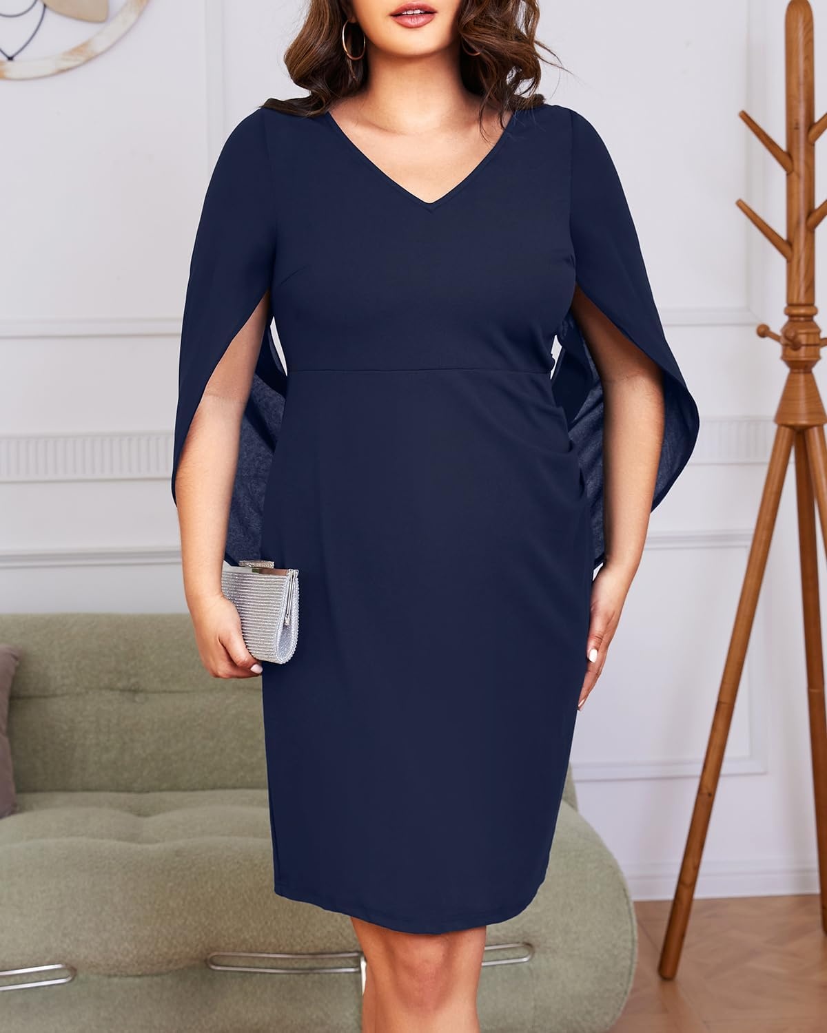 Talisea Plus Size Wedding Guest Dress – Semi Formal Cape Dress for Women | Elegant chiffon cape dress, semi formal cocktail party bodycon style for curvy women.(Navy Blue)