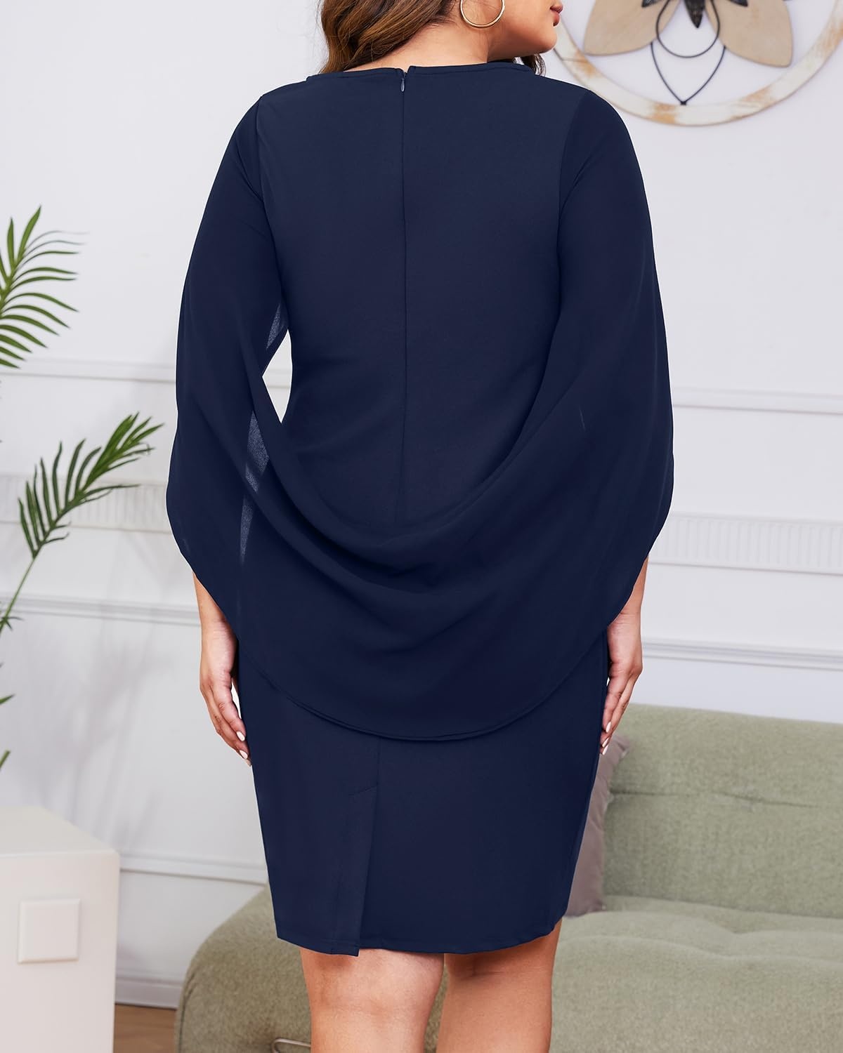 Talisea Plus Size Wedding Guest Dress – Semi Formal Cape Dress for Women | Elegant chiffon cape dress, semi formal cocktail party bodycon style for curvy women.(Navy Blue)