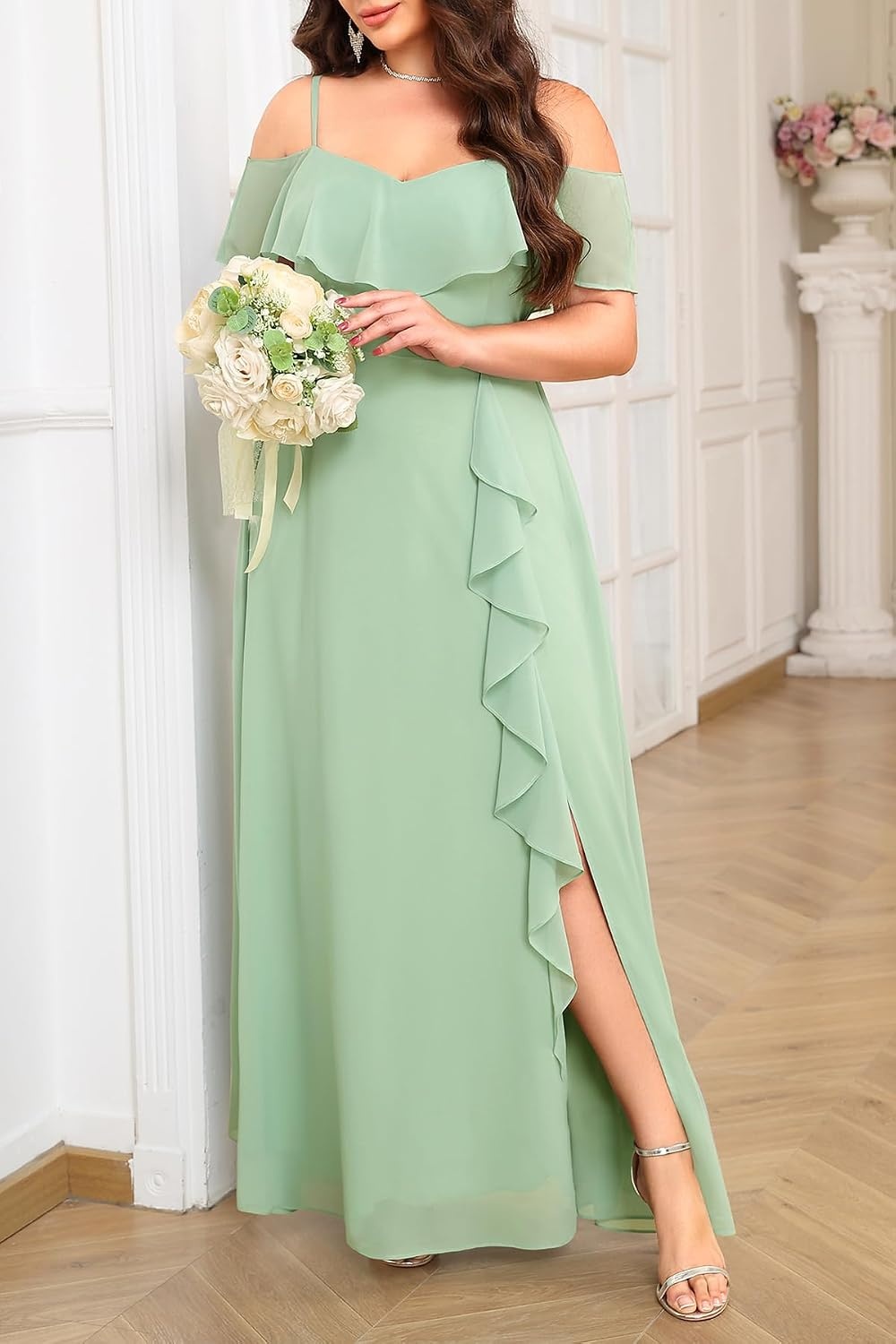 Plus Size Formal Dresses Off Shoulder Chiffon High Slit Ruffle Wedding | Off Shoulder / Chiffon / High Slit Ruffle / Elegant Formal Dress / Wedding Guest Bridesmaid Prom Evening Party(Sage Green)