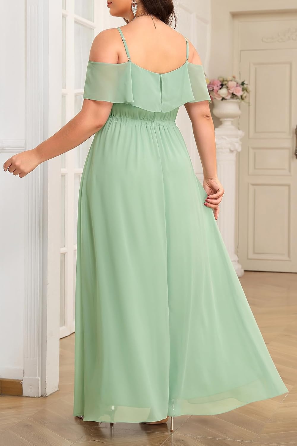 Plus Size Formal Dresses Off Shoulder Chiffon High Slit Ruffle Wedding | Off Shoulder / Chiffon / High Slit Ruffle / Elegant Formal Dress / Wedding Guest Bridesmaid Prom Evening Party(Sage Green)