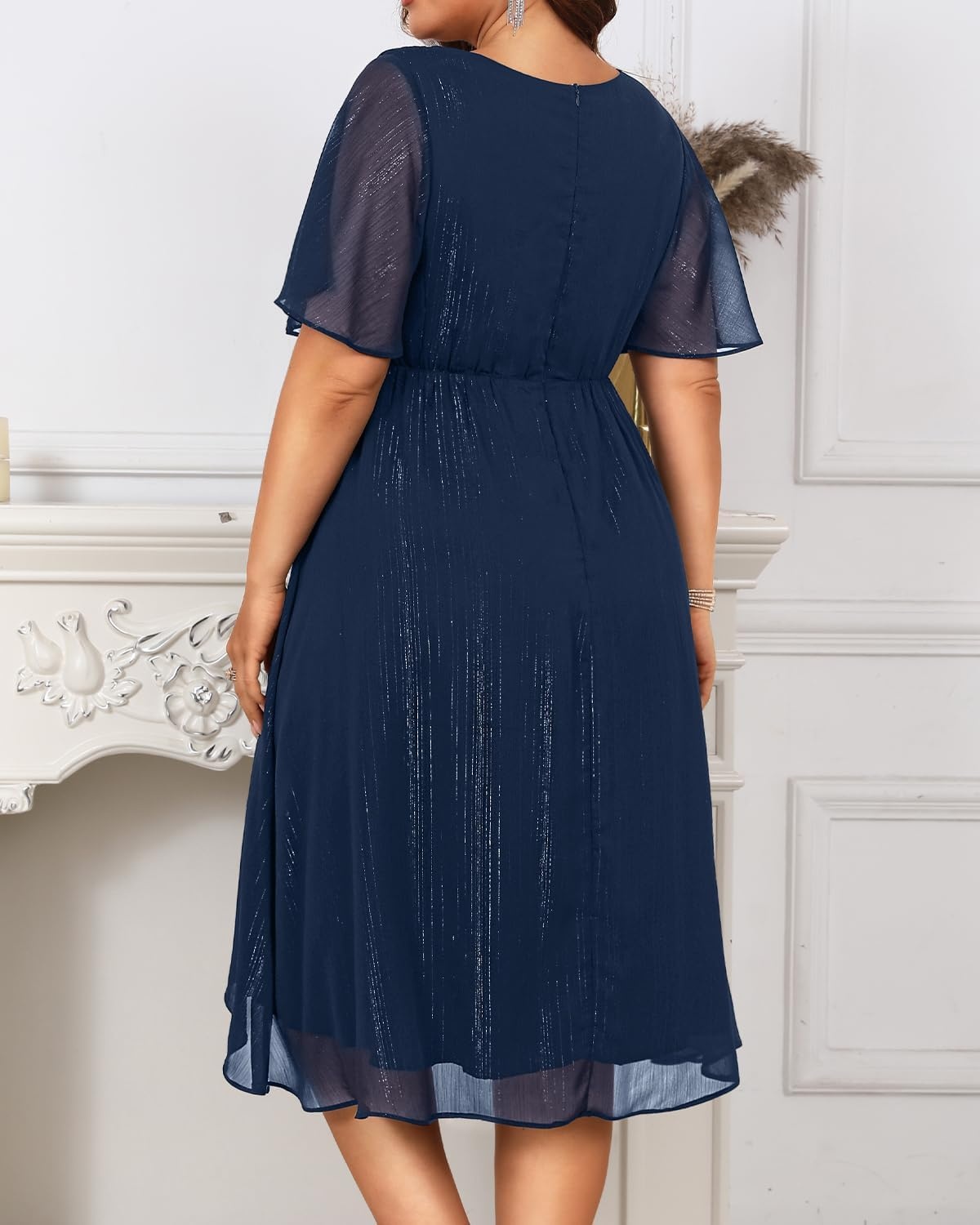 Talisea Plus Size Cocktail Dress – Formal Wedding Guest Fall Long Sleeve A Line Pleated V Neck Midi Dresses for Curvy Women(Dark Blue Short Sleeve)