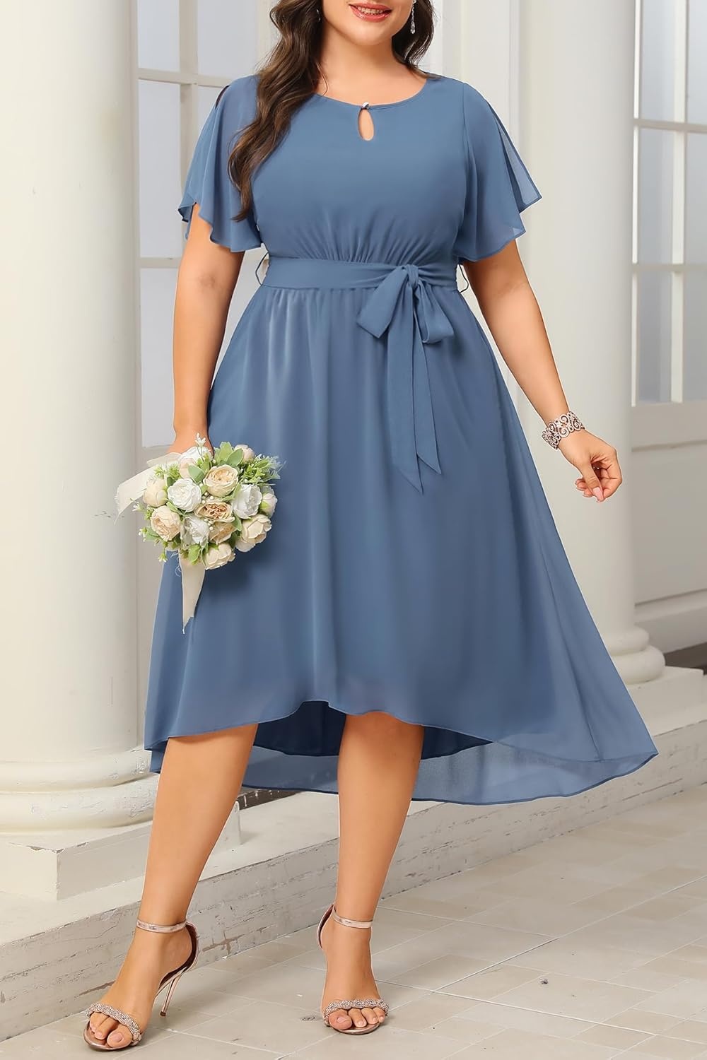 Plus Size Wedding Guest Dress Dusty Blue Formal Mother of the Bride Chiffon Keyhole Neck Short Sleeve High Low Dress