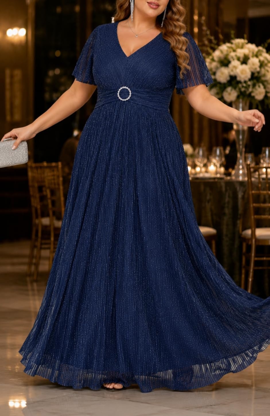 Talisea Plus Size Sequin Short Sleeve Formal Wedding Guest Maxi Dress(Navy Blue)