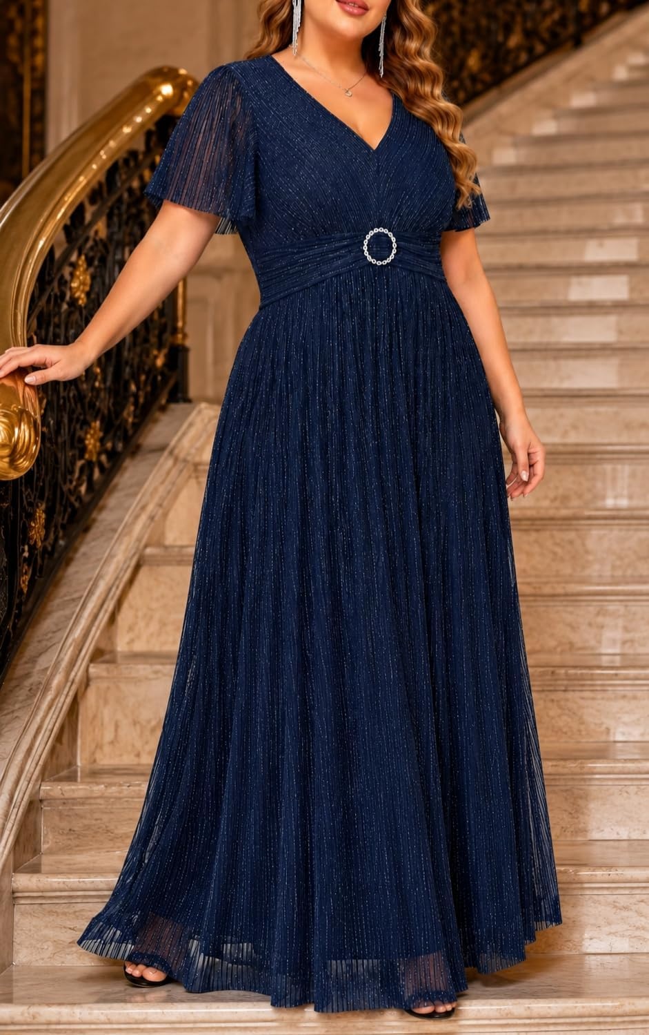 Talisea Plus Size Sequin Short Sleeve Formal Wedding Guest Maxi Dress(Navy Blue)