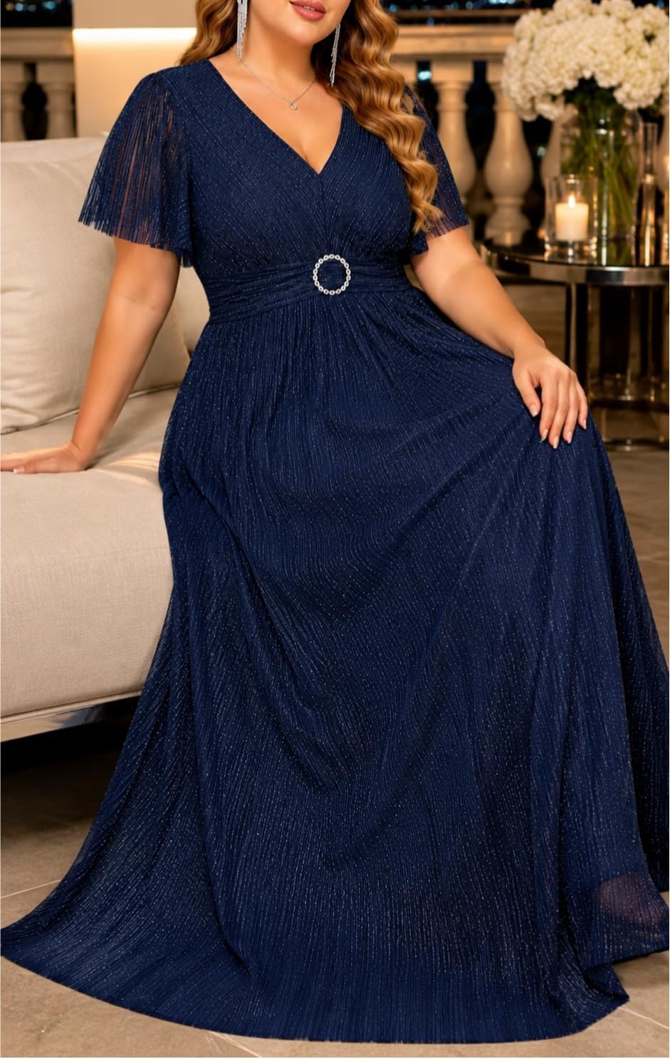 Talisea Plus Size Sequin Short Sleeve Formal Wedding Guest Maxi Dress(Navy Blue)