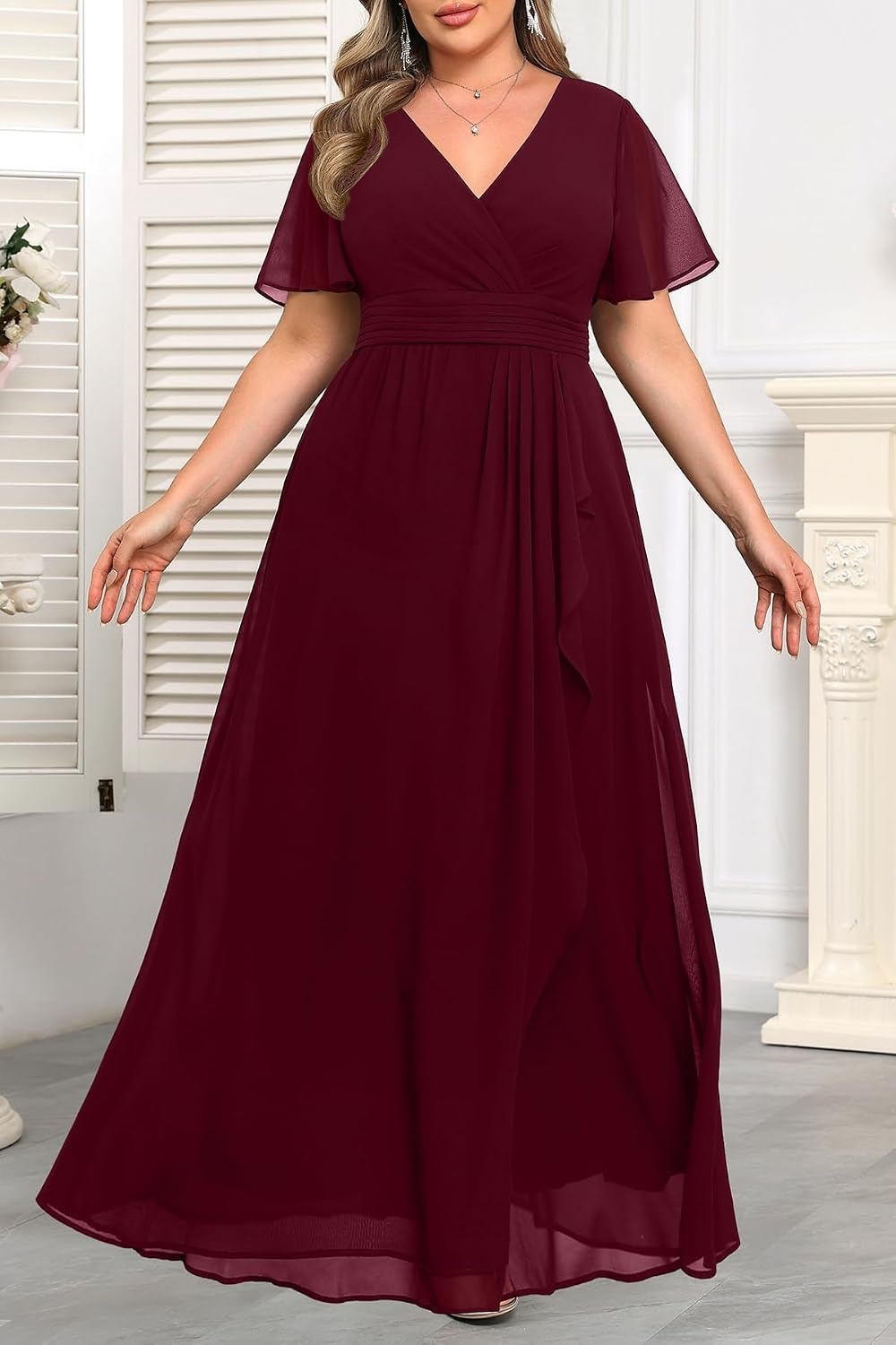 Plus Size Formal Dress Wedding Guest Chiffon V Neck Ruffle Long Dress Women(Burgundy)
