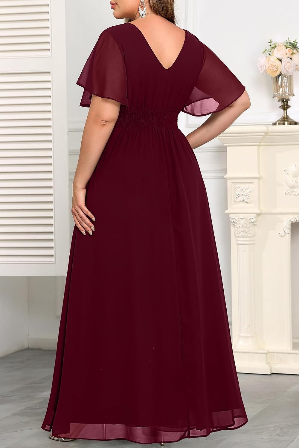 Plus Size Formal Dress Wedding Guest Chiffon V Neck Ruffle Long Dress Women(Burgundy)