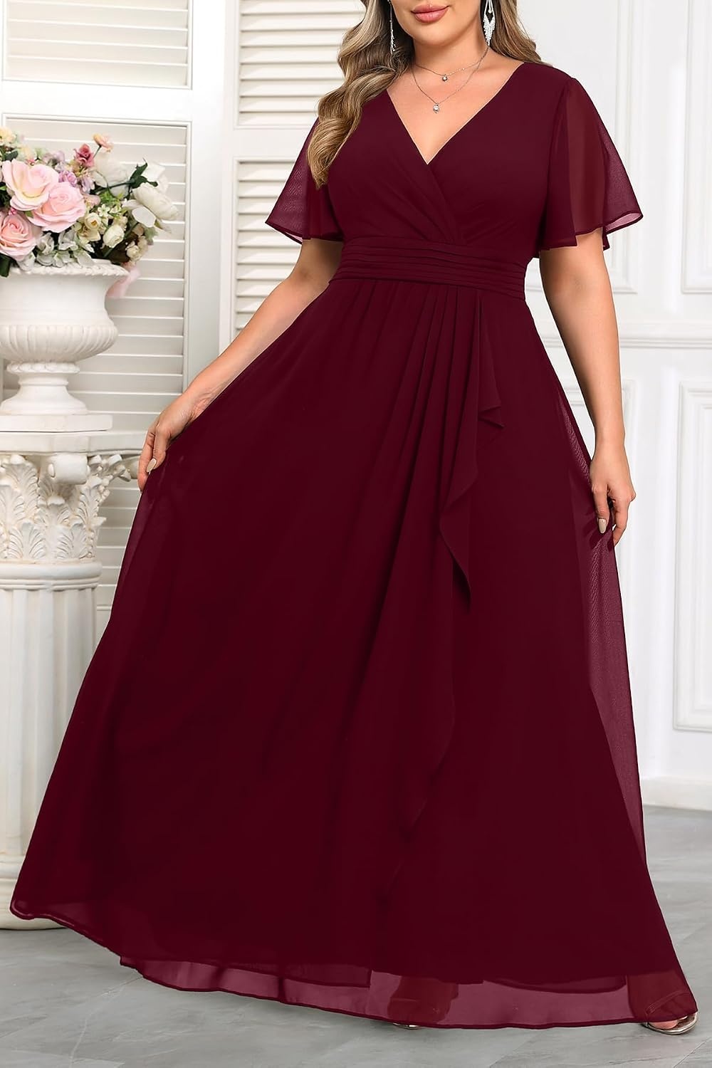 Plus Size Formal Dress Wedding Guest Chiffon V Neck Ruffle Long Dress Women(Burgundy)