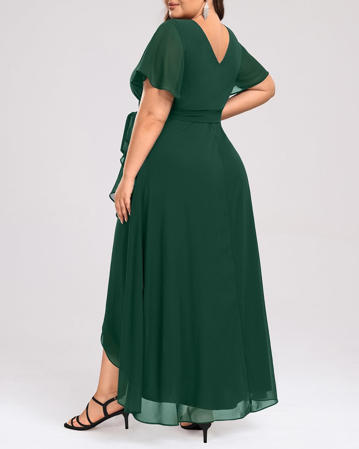 Talisea Plus Size Wedding Guest Dress – High Low Chiffon Ruffle Formal Gown(Emerald Green)