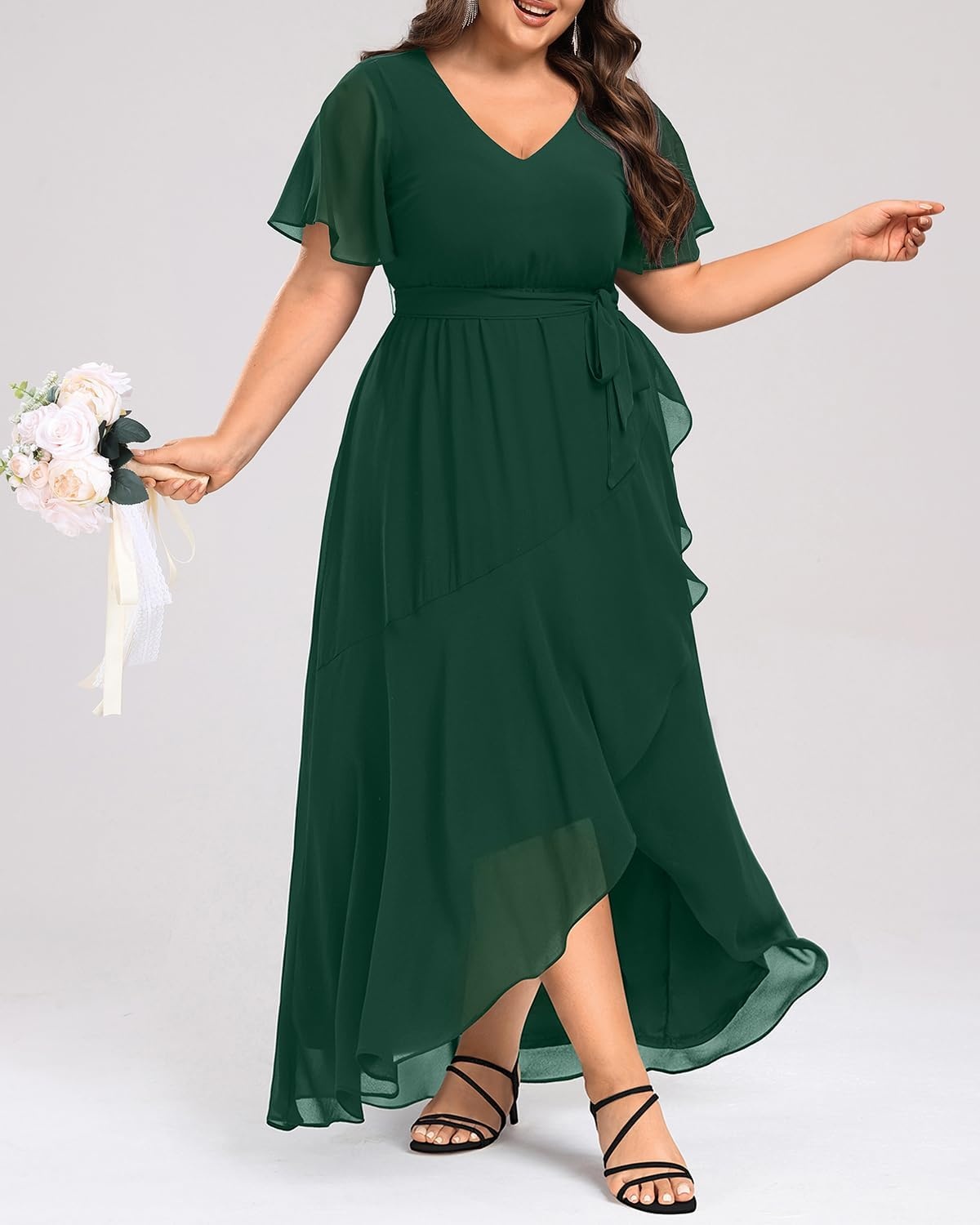 Talisea Plus Size Wedding Guest Dress – High Low Chiffon Ruffle Formal Gown(Emerald Green)