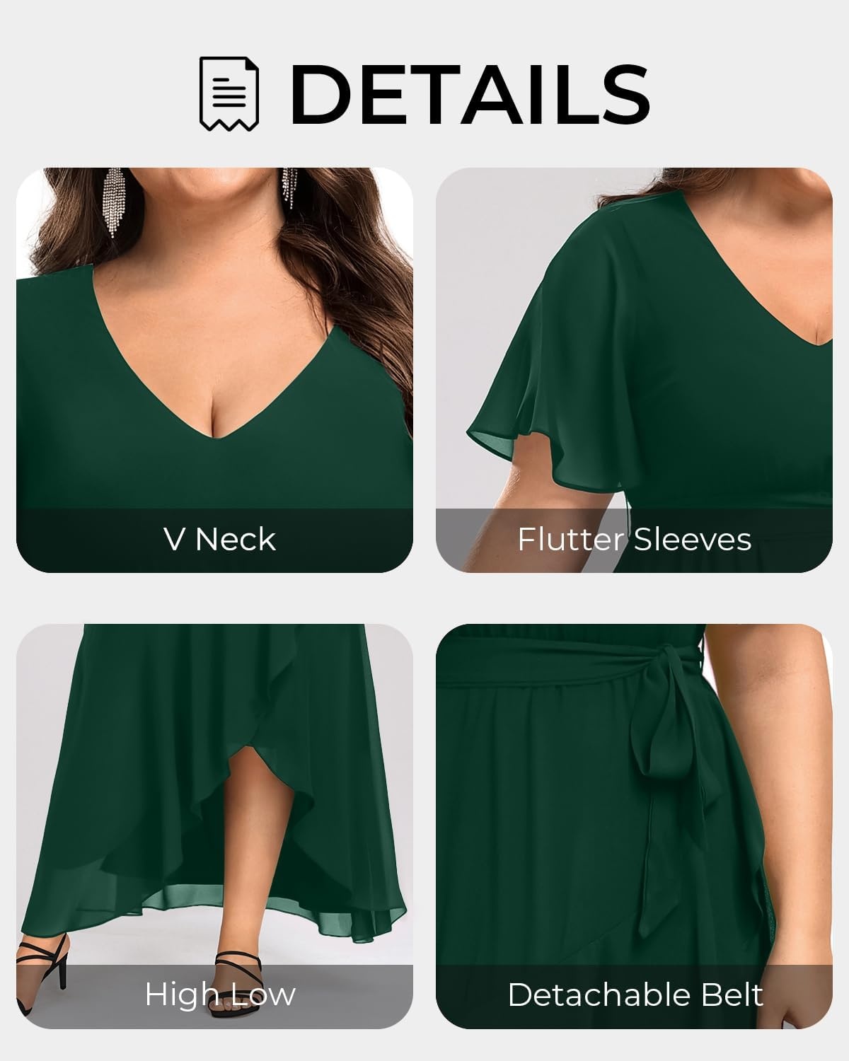 Talisea Plus Size Wedding Guest Dress – High Low Chiffon Ruffle Formal Gown(Emerald Green)
