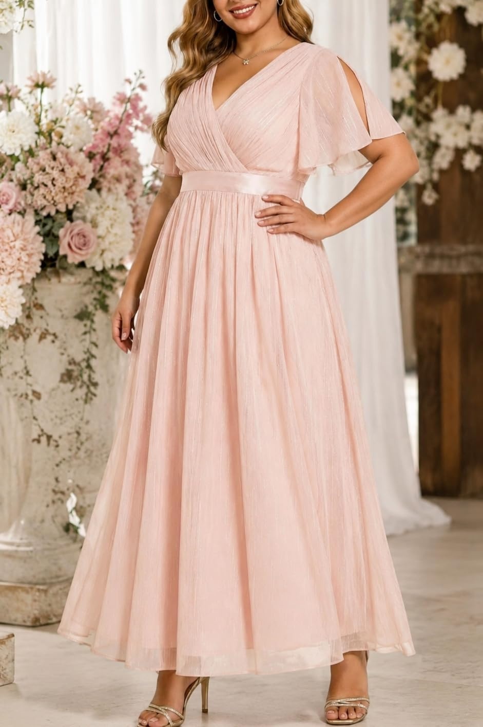 Talisea Plus Size Formal Dress – Chiffon V Neck Bridesmaid Wedding Guest Party Short Sleeve A-Line Floor Length Dresses(Pink)