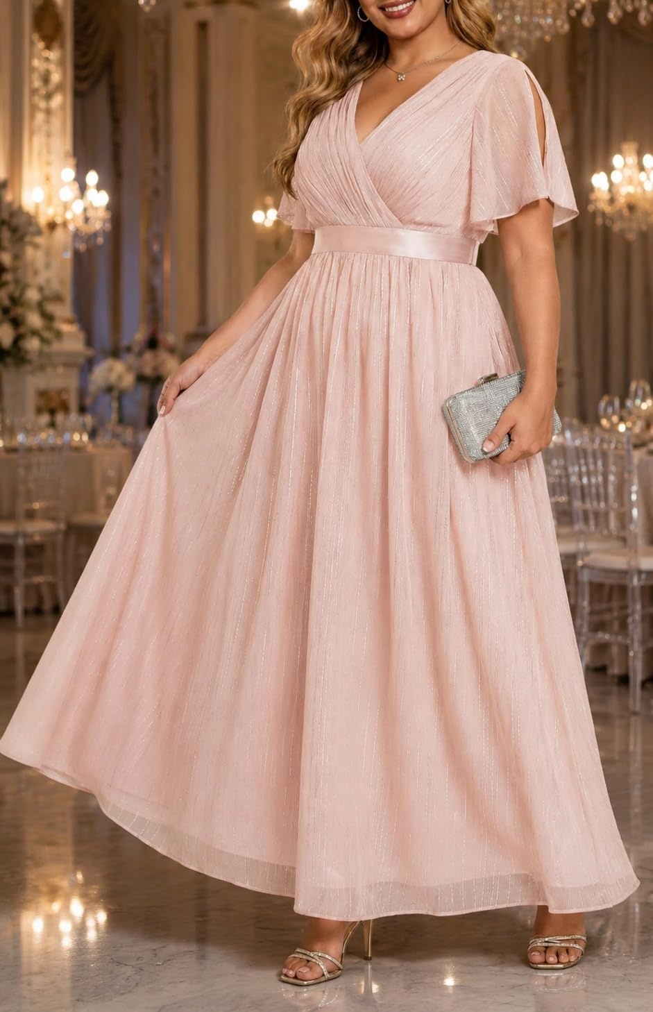 Talisea Plus Size Formal Dress – Chiffon V Neck Bridesmaid Wedding Guest Party Short Sleeve A-Line Floor Length Dresses(Pink)
