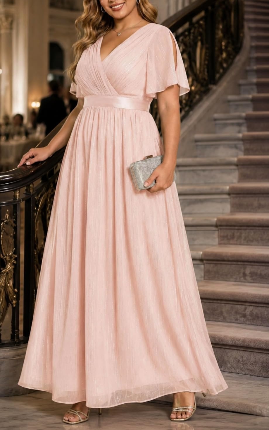 Talisea Plus Size Formal Dress – Chiffon V Neck Bridesmaid Wedding Guest Party Short Sleeve A-Line Floor Length Dresses(Pink)