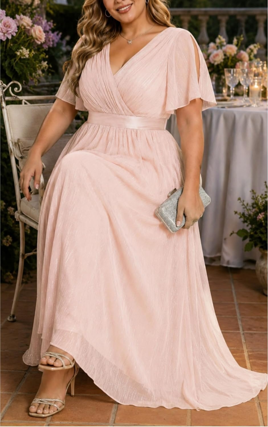 Talisea Plus Size Formal Dress – Chiffon V Neck Bridesmaid Wedding Guest Party Short Sleeve A-Line Floor Length Dresses(Pink)