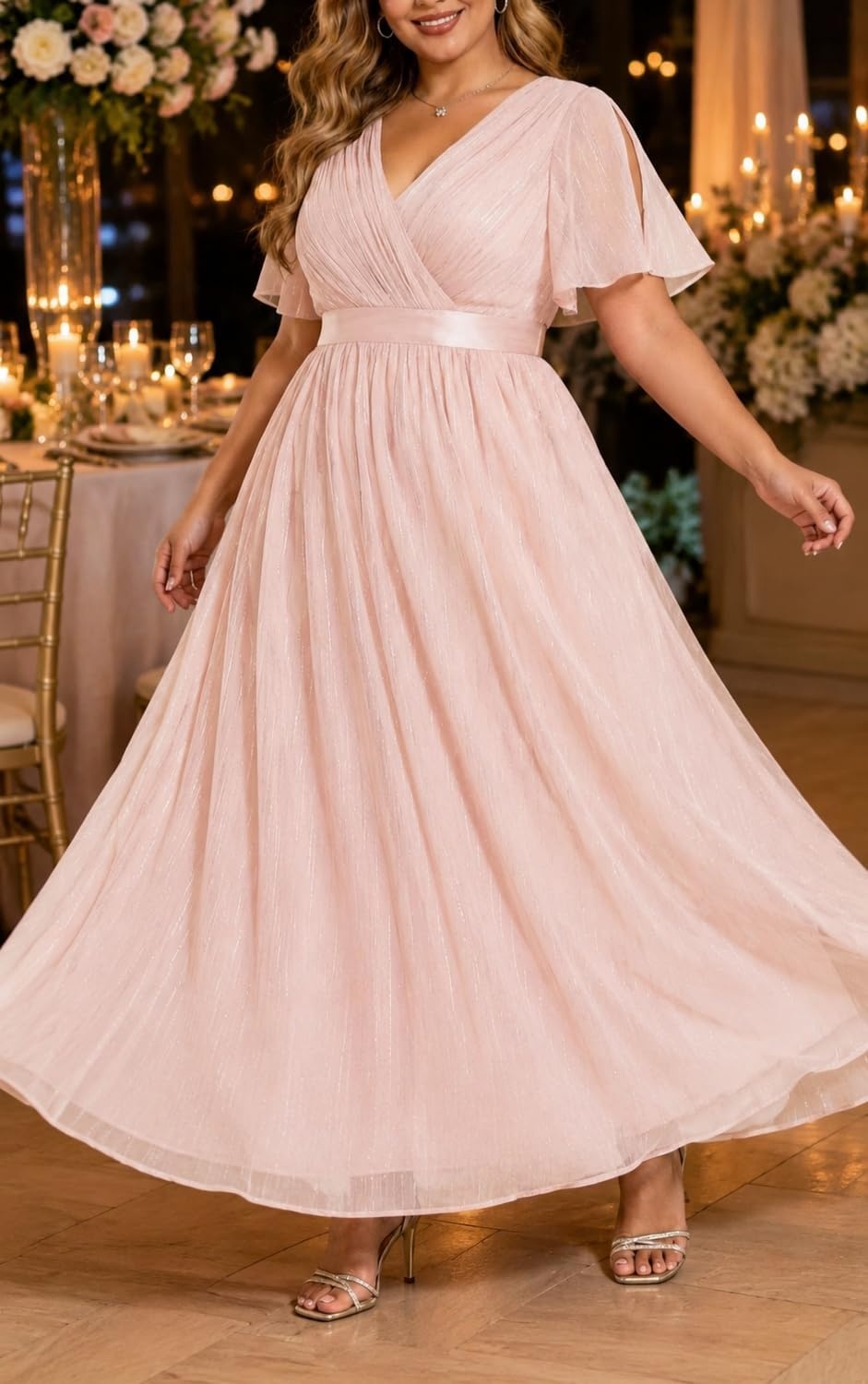 Talisea Plus Size Formal Dress – Chiffon V Neck Bridesmaid Wedding Guest Party Short Sleeve A-Line Floor Length Dresses(Pink)