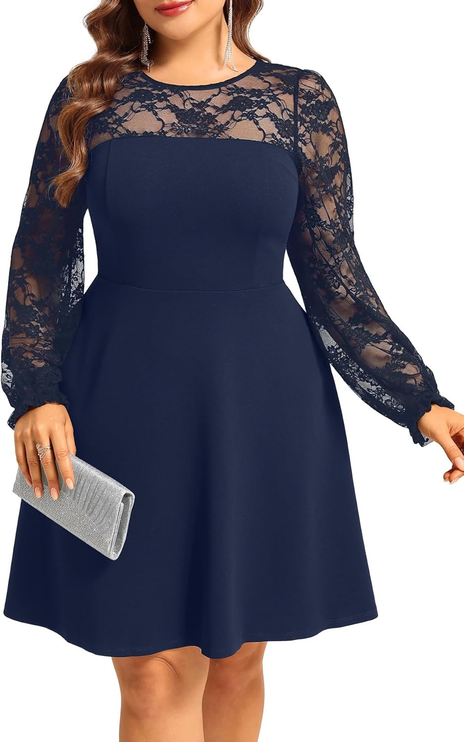 Plus Size Cocktail Dress – Lace Wedding Guest Party Crew Neck Short A Line Dresses Women(Navy Blue Long Sleeve)