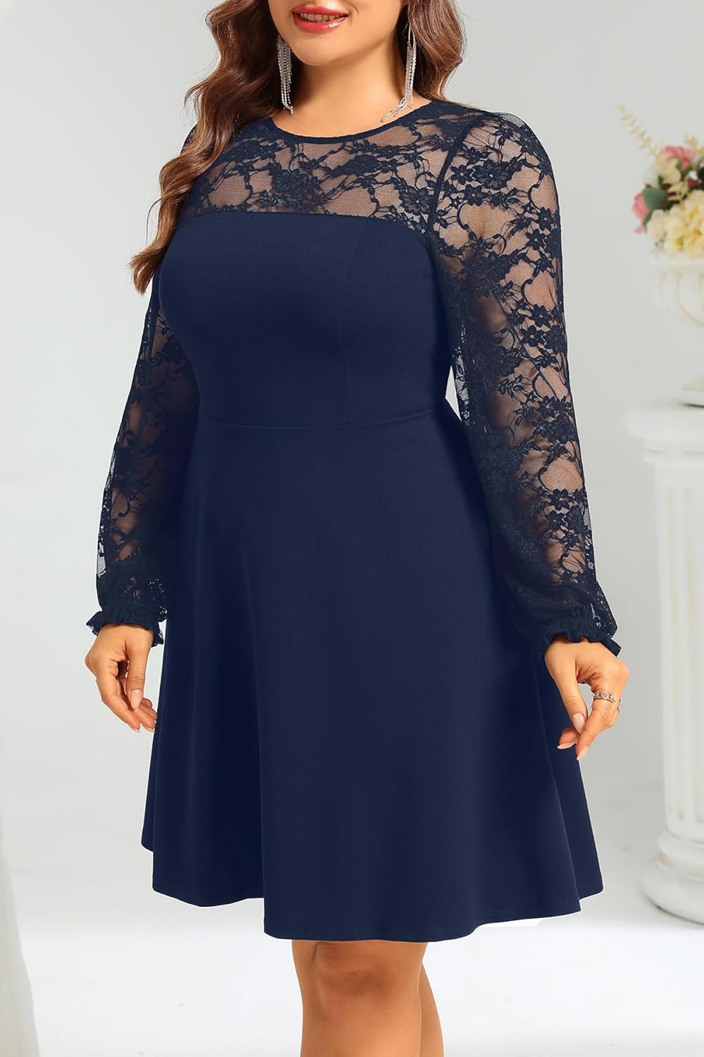 Plus Size Cocktail Dress – Lace Wedding Guest Party Crew Neck Short A Line Dresses Women(Navy Blue Long Sleeve)