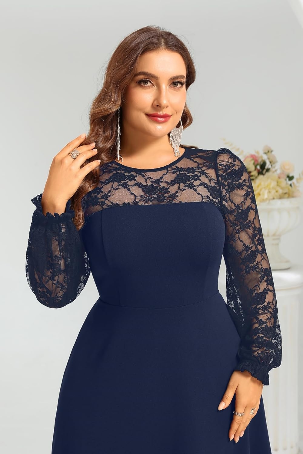Plus Size Cocktail Dress – Lace Wedding Guest Party Crew Neck Short A Line Dresses Women(Navy Blue Long Sleeve)