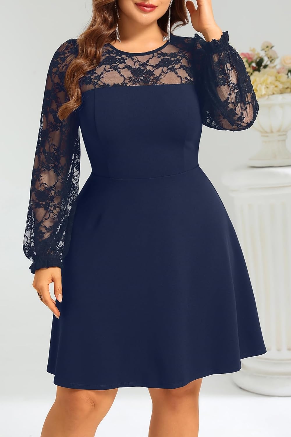 Plus Size Cocktail Dress – Lace Wedding Guest Party Crew Neck Short A Line Dresses Women(Navy Blue Long Sleeve)