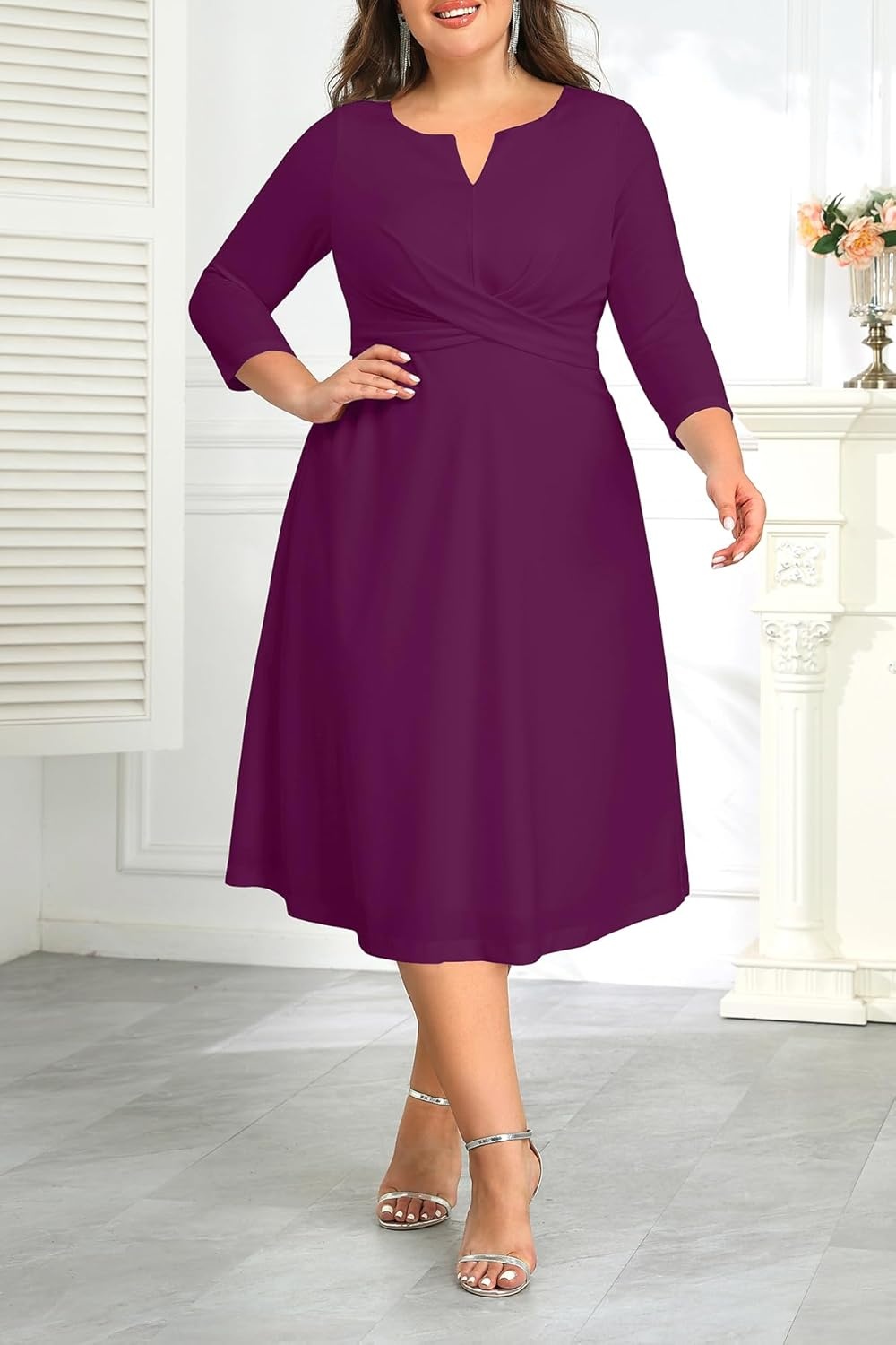 Plus Size Purple Dress Midi Fall Church Cocktail Wedding Guest Semi Formal 3/4 Sleeve A-line Dresses Women