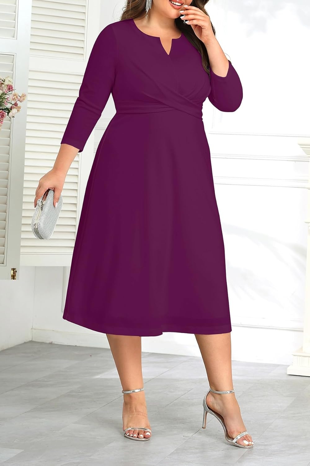 Plus Size Purple Dress Midi Fall Church Cocktail Wedding Guest Semi Formal 3/4 Sleeve A-line Dresses Women