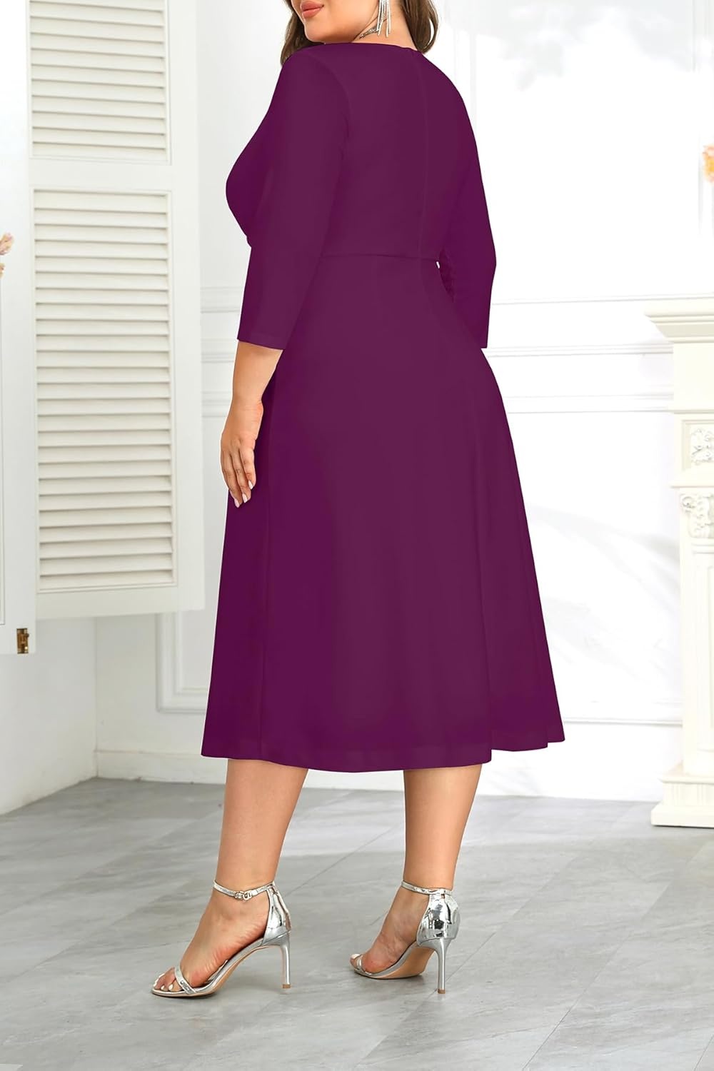 Plus Size Purple Dress Midi Fall Church Cocktail Wedding Guest Semi Formal 3/4 Sleeve A-line Dresses Women